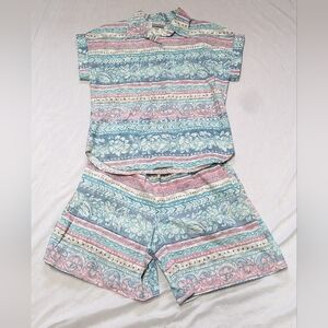 90's Vintage Colorful 2 Piece Beach Cruise Summer Shorts & Shirt Set 100% Cotton